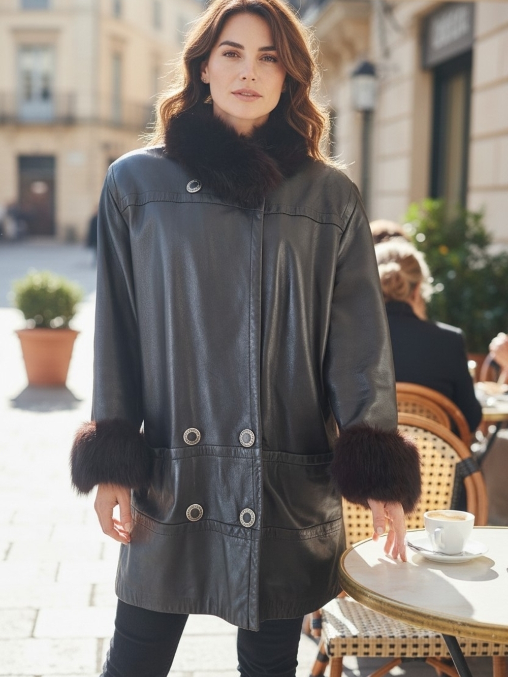 Vintage Canadian Genuine Leather Coat Real Fur Trim Luxe Black Jacket